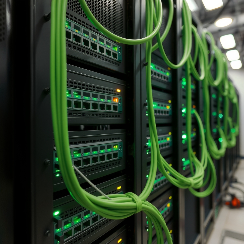Rack de servidores de rede com cabos Ethernet conectados e luzes LED verdes piscando.